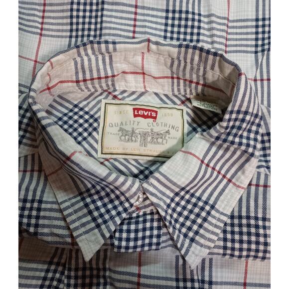 Levis Shirt Mens Large Blue Red White Plaid Button Up Short Sleeve Soft Cotton - Picture 4 of 8